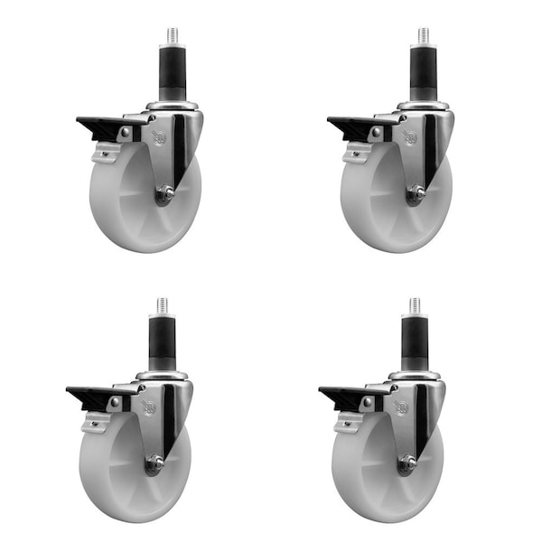 5'' Nylon Swivel 1-1/4'' Expanding Stem Caster Set with Brake, 4PK